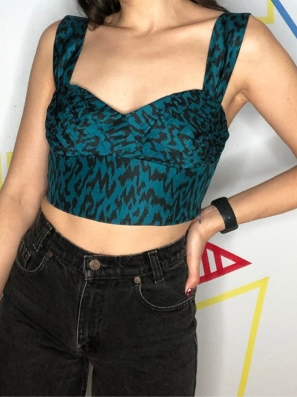 Aritzia Wilfred Rhapsody Bustier Crop Top Teal Black Animal Print - Size 4